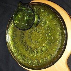 Vintage  Indiana Glass Sunburst Olive Green Snack Set